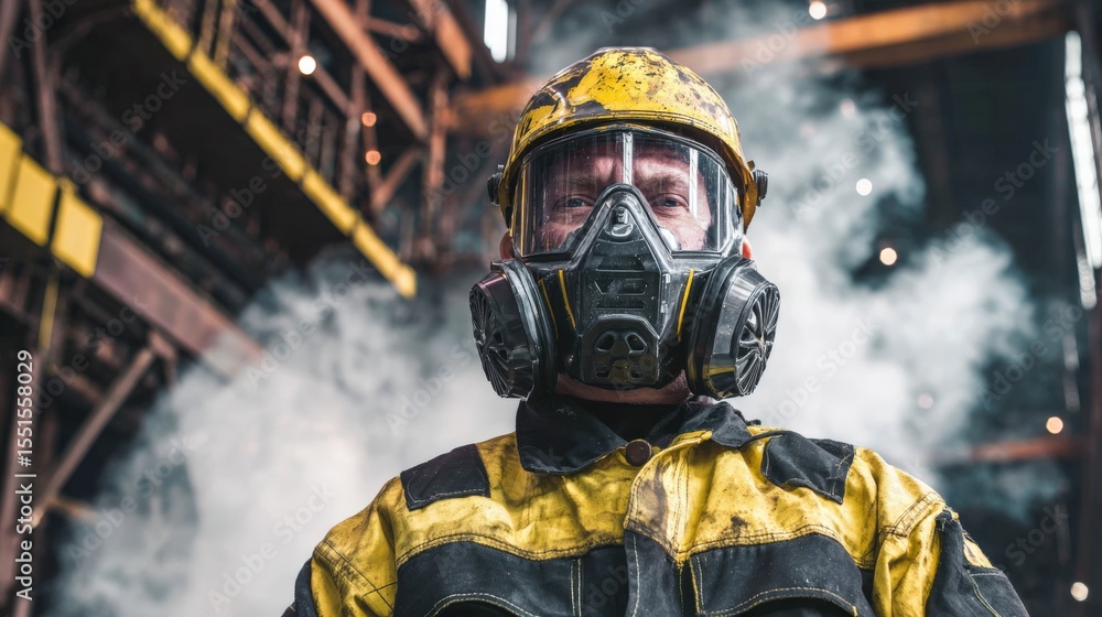 Industrial welder in fireproof uniform and iron mask working at steel fabrication plant, safety first atmosphere. Industrial welder in fireproof uniform and iron mask working at steel fabrication plant, safety first atmosphere.