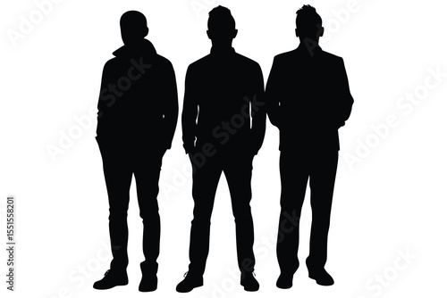 Three Male Silhouettes in Casual and Formal Attire Standing Together Distinctly