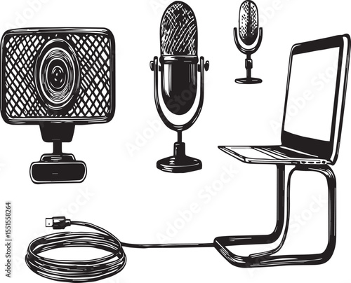 Hand-Drawn Illustration of Podcasting and Streaming Equipment with Laptop, Microphones, and Webcam

