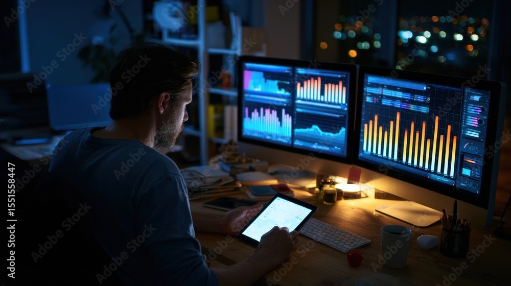 Late night office with financial advisor analyzing risk management data using tablet and graphs. Late night office with financial advisor analyzing risk management data using tablet and graphs.