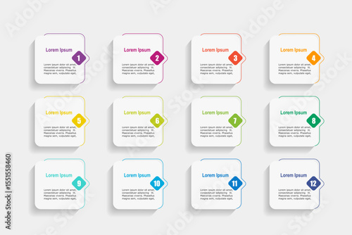 For business concept with 12 steps infographics,  rectangle shape with multicolor label, design for workflow layout, diagram, annual report, web design. vector illustration