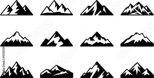 Set of Mountain chain snowy peaks outline vector illustration, line art
