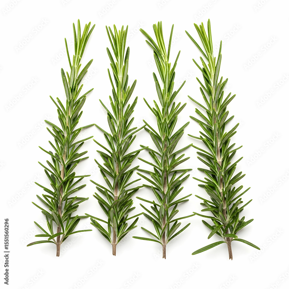 Fototapeta premium Four sprigs of fresh rosemary arranged vertically against a white background.