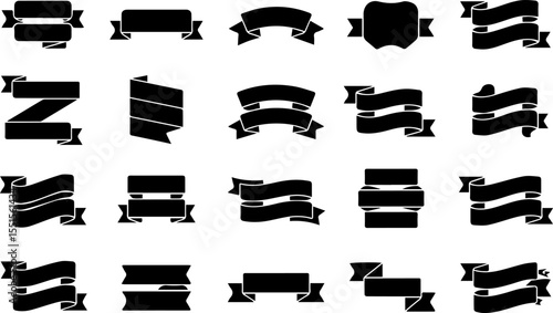 Paper Ribbon collection black silhouette vector and illustration, coloring book page
