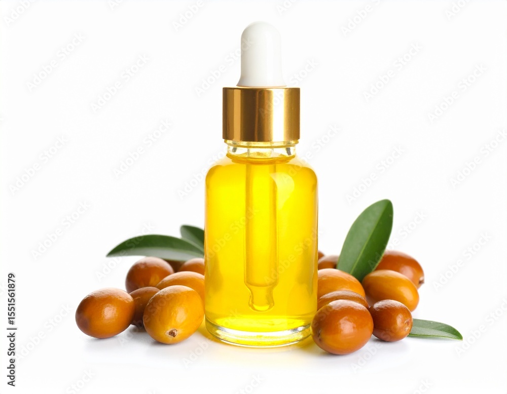 Close-up of jojoba oil in a clear bottle or dropper, emphasizing its rich color and luxurious texture. Perfect for cosmetics, aromatherapy, and organic product branding, jojoba oil in white backgroun Close-up of jojoba oil in a clear bottle or dropper, emphasizing its rich color and luxurious texture. Perfect for cosmetics, aromatherapy, and organic product branding, jojoba oil in white backgroun