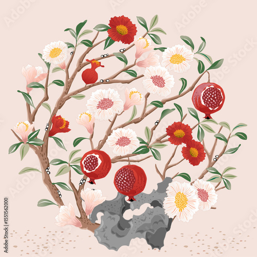 Vector Illustration of a Flowering and Fruiting Pomegranate Tree in Traditional Korean Minhwa Style
