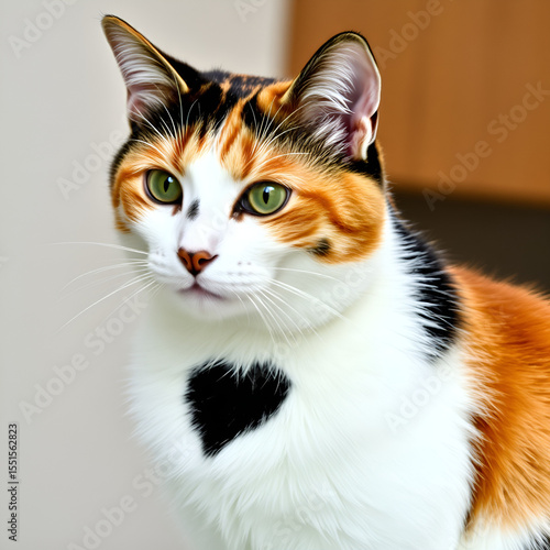 portrait of a calico cat with a heart shaped patch on the chest