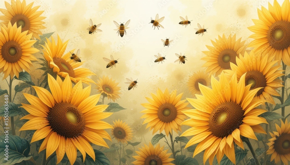 Fototapeta premium Sunflowers Bloom in Golden Light as Bees Gather Nectar in a Vibrant Field
