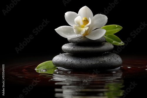 Stacked stones support a white orchid adorned with water droplets set in tranquil water with a dark background