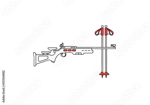 Biathlon rifle and ski poles, equipment set.