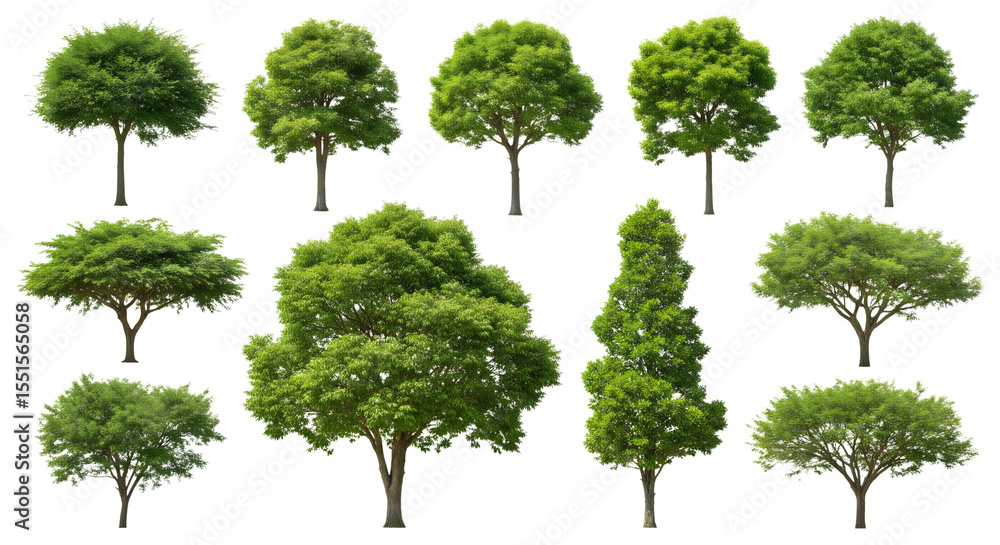 Fototapeta premium Collection of lush green deciduous trees with full canopies isolated on transparent background