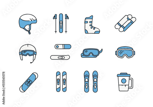Snowboarding and skiing equipment icons set in blue and gray color scheme. A collection of various gear items