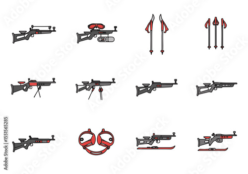 Various illustrated pieces of skiing and shooting equipment