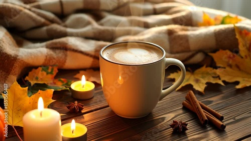 A mug of coffee sits on a wooden table with a blanket draped over it