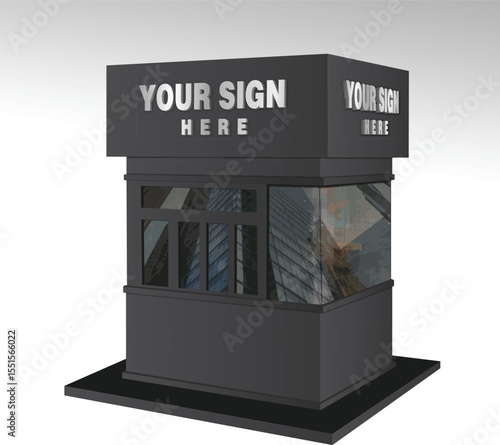 Grocery store, kiosk with signage space, Signage mockup, 3d sign, security booth, parking booth design, grocery booth, beach store, vector illustration in 3d style.