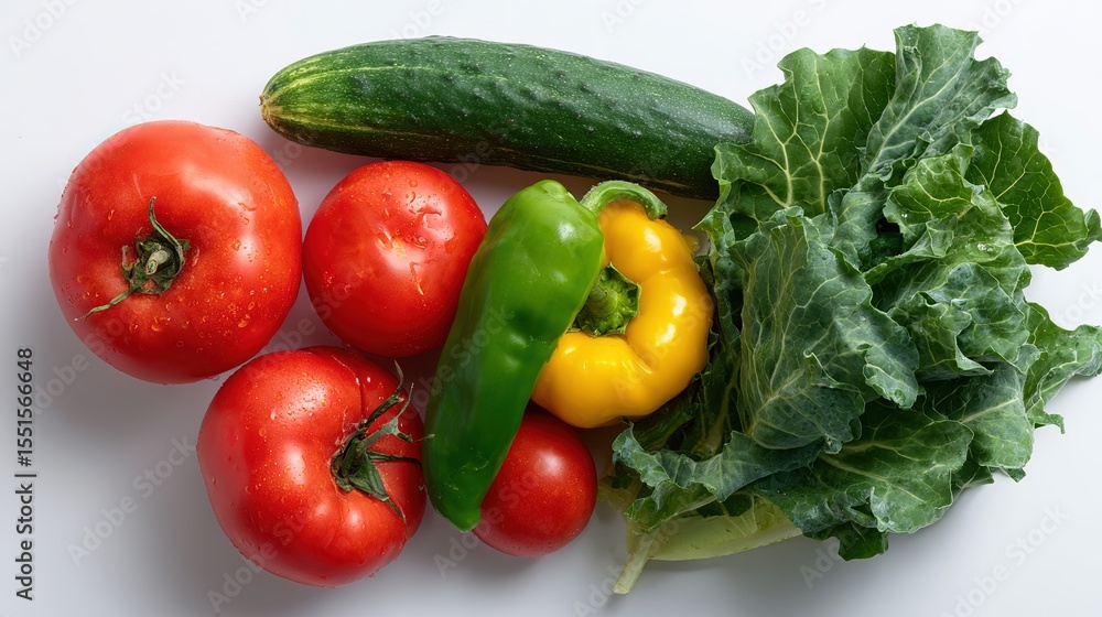 Fresh summer vegetables: tomatoes, cucumber, peppers, and greens. A vibrant display of seasonal produce.
Fresh summer vegetables: tomatoes, cucumber, peppers, and greens. A vibrant display of seasonal produce.