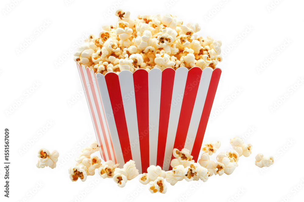 Delicious popcorn in striped container, movie snack, theater treat, food photography, cinema, isolated on transparent background Delicious popcorn in striped container, movie snack, theater treat, food photography, cinema, isolated on transparent background