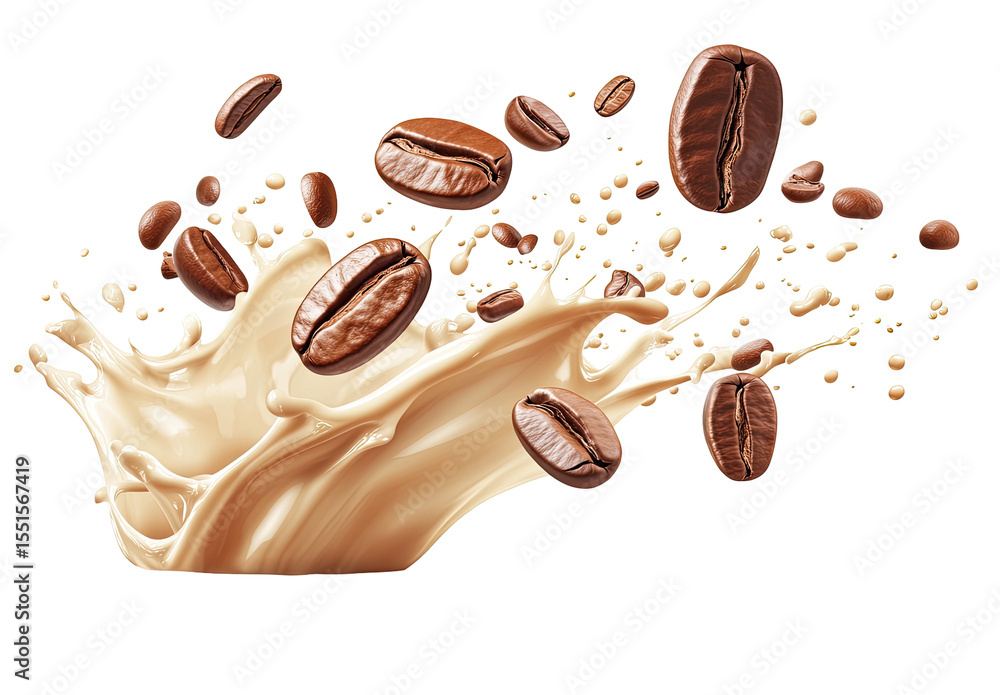 Coffee beans in a creamy milk splash Coffee beans in a creamy milk splash