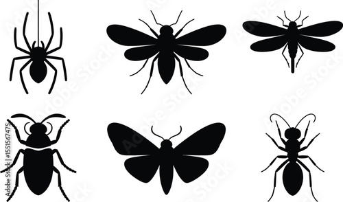 Collection of isolated insect silhouettes vector including spider, ant, butterfly, and fly on white background
