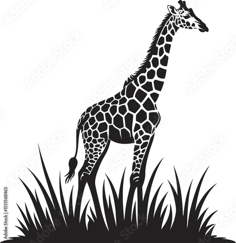 Minimalistic giraffe silhouette vector design with tall animal standing calmly in grassland environment