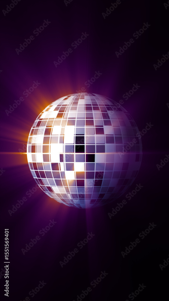 Obraz premium Stylized disco mirror ball emitting purple light rays in dark background
