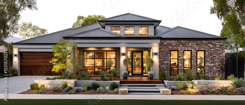  Classic modern brick home with steel roof sheets, detailed architectural elevation, grey porch and stairs, front yard decorated with succulents and garden