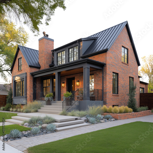 Modern brick home with steel roof sheets, detailed architectural elevation, grey porch and stairs, front yard decorated with succulents and garden stones.