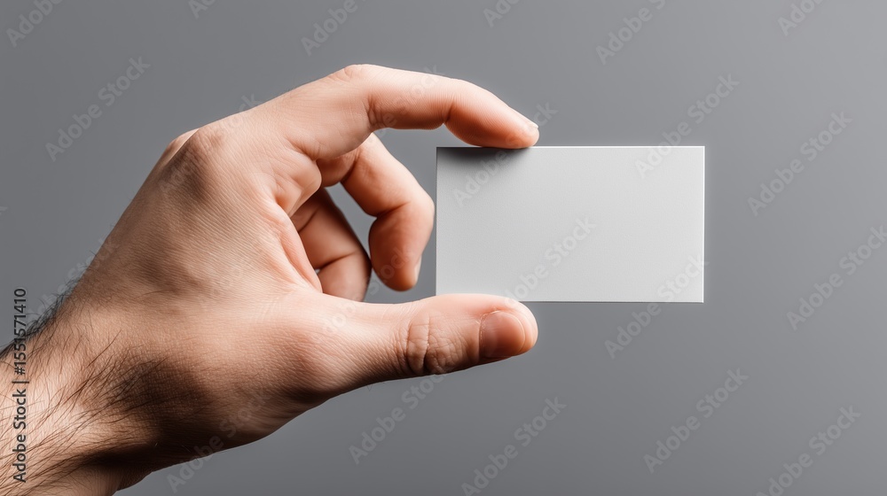 Obraz premium Hand holding blank white card in front of gray background ready for design