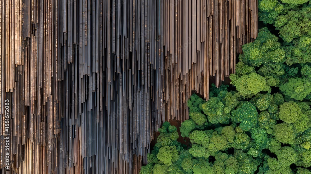 Obraz premium Logs are piled up in a forest clearing, encircled by dense greenery