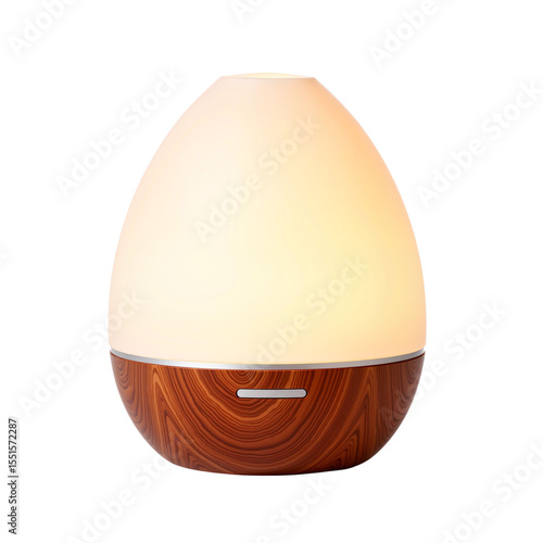 Essential oil diffuser with wood base and soft glowing light, isolated on a transparent background 
