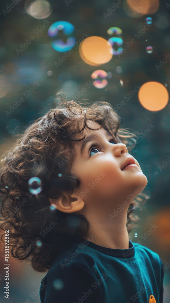 A young boy with curly hair and beautiful eyes looks up with wonder at floating soap bubbles. The soft bokeh background creates a magical and dreamy atmosphere of childhood innocence and joy A young boy with curly hair and beautiful eyes looks up with wonder at floating soap bubbles. The soft bokeh background creates a magical and dreamy atmosphere of childhood innocence and joy