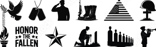 Veterans day and military memorial tribute silhouette vector set with soldier, symbol, and honor icons
