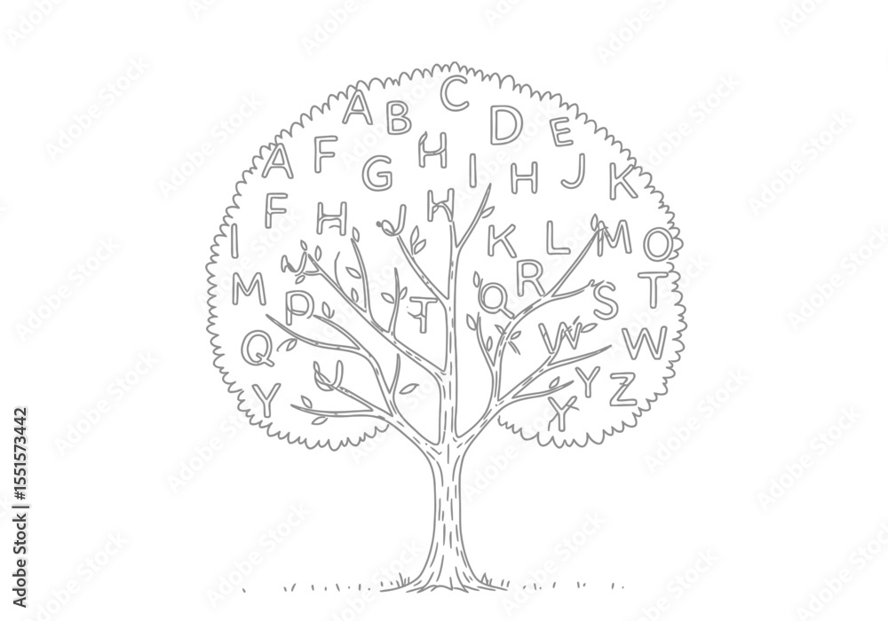 Obraz premium Alphabet tree drawing. It is a vector sketch line art drawing of an alphabet tree, featuring letters of the English alphabet within its foliage. Vector sketch line art draw.