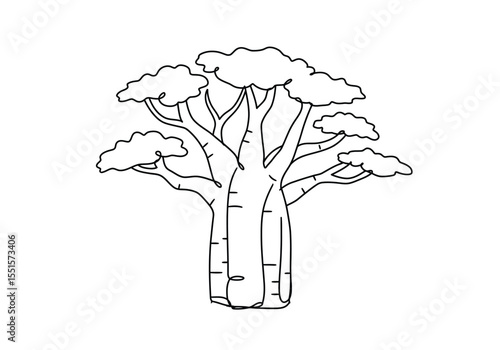 Africa tree drawing. A vector sketch line art drawing of an iconic African tree, likely a baobab, characterized by thick trunk and distinctive, spreading branches. Vector sketch line art draw.