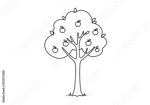 Apple tree drawing. A vector sketch line art drawing of an apple tree with apples and leaves, a simple, iconic of a fruit-bearing tree, perfect for children's themes. Vector sketch line art draw.