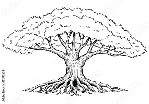 Balete tree drawing. A vector sketch line art drawing of a balete tree, its massive trunk, widespread canopy, prominent aerial roots, and an ancient, mystical presence. Vector sketch line art draw.