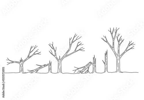 Broken trees drawing. It is a vector sketch line art drawing of damaged and broken trees, symbolizing destruction, deforestation, or the aftermath of a natural disaster. Vector sketch line art draw.