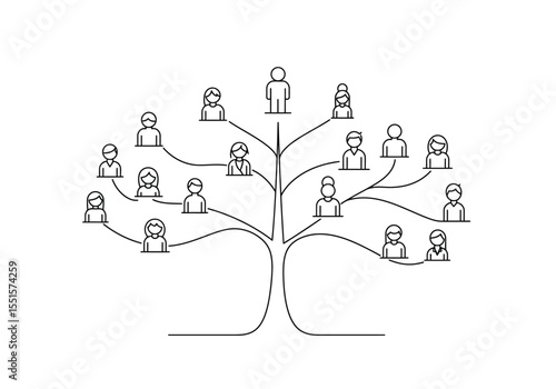Creative family tree drawing. It is a vector sketch line art drawing of a family tree with abstract human figures. Vector sketch line art draw.