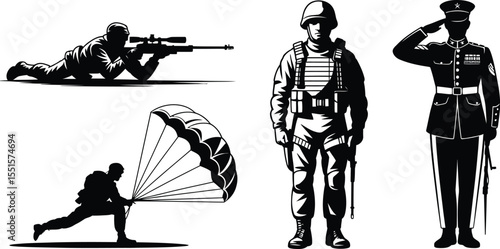 Silhouette vector of skilled military unit soldiers in action with tactical gear, rifle and parachute deployment