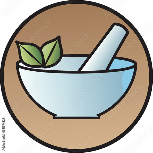 Colorful mortar and pestle with herbs