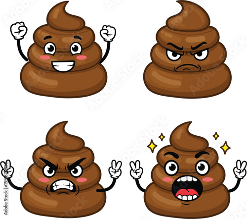 Funny Poop Emoji Character Set with Various Emotions, Cute Happy Angry Scared Poop Illustrations for Humorous or Toilet-Related Designs"