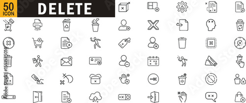 Delete editable outline icon set. Trash bin, remove, cancel, error, user delete, clear and file delete.
