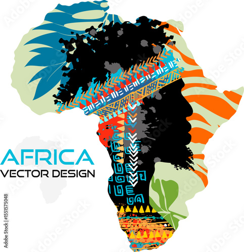 Africa map with silhouette of tribal man with wild nature decoration.