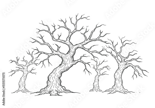 Haunted tree drawing. A vector sketch line art drawing of a gnarled, spooky tree with twisted branches, often found in eerie settings, mystery or a ghostly presence. Vector sketch line art draw.