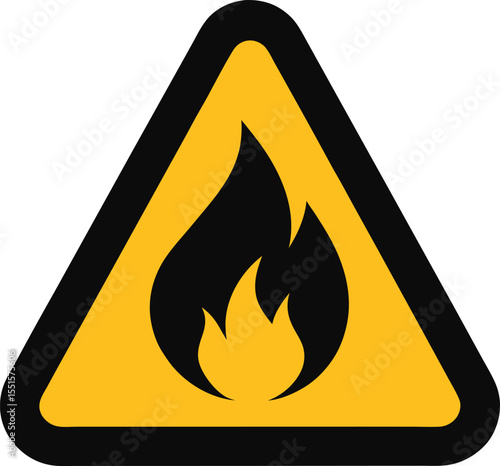 Flame symbol in black inside yellow warning triangle, representing fire hazard or flammable material. Fire warning sign.
