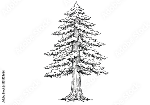 Redwood tree drawing. It is a vector sketch line art drawing of a tall, majestic redwood tree with detailed foliage, symbolizing grandeur and ancient forests. Vector sketch line art draw.