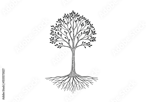 Tree and roots drawing. It is a vector sketch line art drawing of a tree with visible roots and a full canopy, symbolizing strength, growth, and connection. Vector sketch line art draw.
