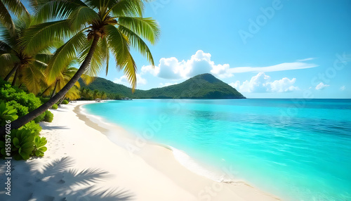 Fototapeta Naklejka Na Ścianę i Meble -  Tropical Midday Paradise: Pristine White‑Sand Beach & Turquoise Waters