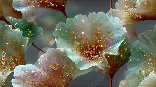   A close-up white flower with golden flecks on its petals against a dark background