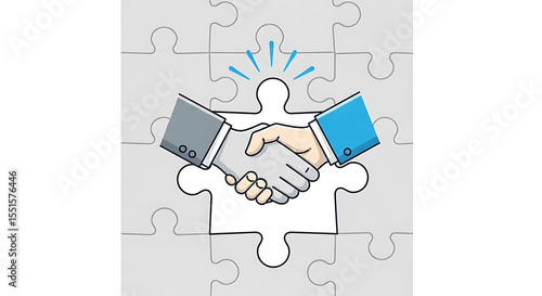 Business partnership agreement illustrated with handshake and puzzle piece integration concept